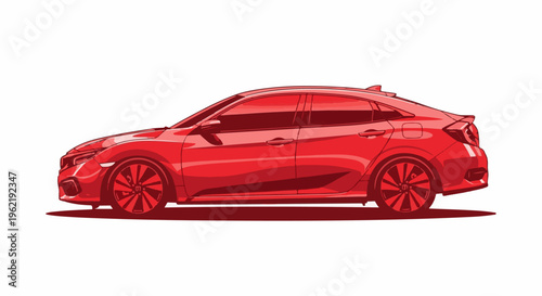 A bright red, pixelated hatchback sedan is shown in profile, its shadow cast below