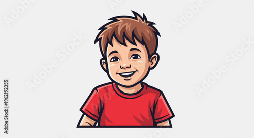 A cheerful cartoon boy with spiky brown hair and red shirt smiles