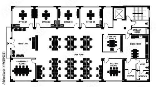 Detailed office floor plan with meeting rooms and workstations layout