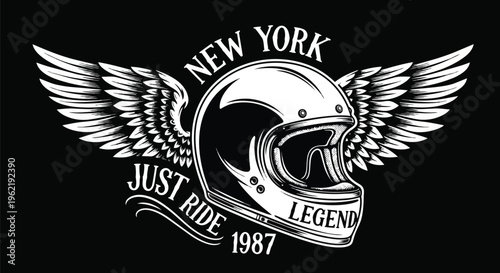 Modern Motorcycle Helmet with Wings against Black Background ideal for branding, apparel design, and poster creation.