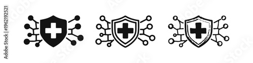 Digital health security and medical data protection shield icon set in various visual styles