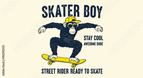 Modern Skater Monkey with vibrant design on yellow background, perfect for use in apparel prints, social media posts, and advertising campaigns.