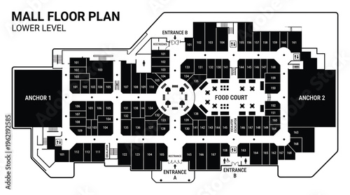 Detailed black and white lower level mall floor plan layout