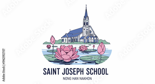 A church with a spire sits behind a pond filled with pink lotus flowers