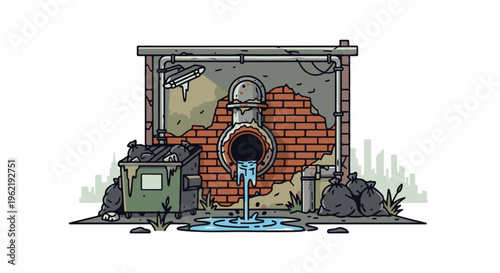 A broken brick wall with a large sewer pipe, overflowing trash, and a puddle