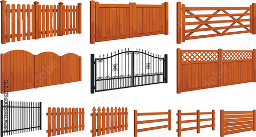 Fence and gate silhouette icon set featuring twelve styles including wooden picket, lattice, crisscross, and ornate wrought iron designs for architecture, landscaping, and property boundaries