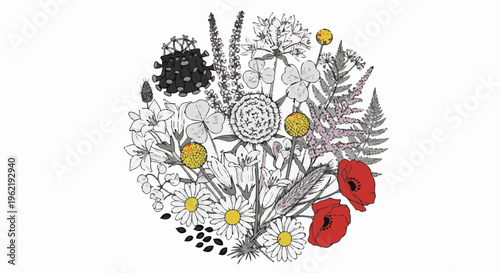 A circular arrangement of diverse floral elements with a dark, spiky object