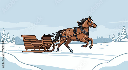 A brown horse pulls a wooden sleigh through a snowy landscape