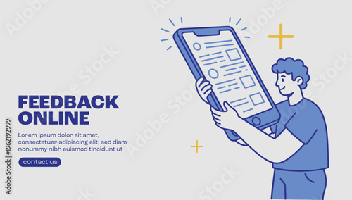 Online customer feedback concept banner with person holding smartphone survey form representing mobile reviews ratings user opinions and digital response