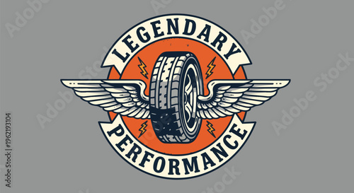 Vibrant Emblem with Winged Tire against a Gray Background, perfect for automotive branding, event promotion, and logo design.
