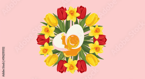A circular arrangement of tulips and daffodils surrounds a cracked egg with dripping yolk