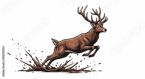 A brown stag with large antlers leaps through splashing brown mud