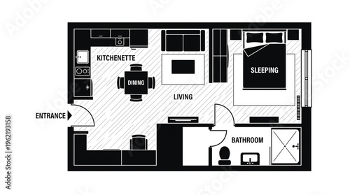 Detailed floor plan of a modern studio apartment with labeled rooms and spaces