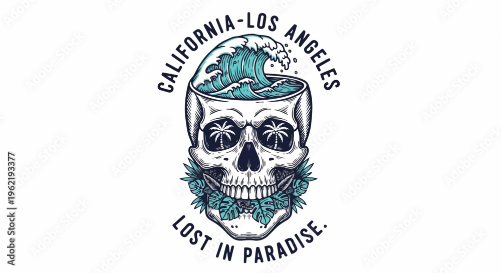 Fototapeta premium Vibrant Skull with Wave, perfect for t-shirt design, travel branding, and event promotion.