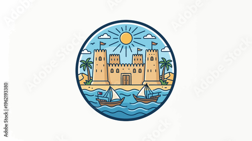 Coastal Castle Emblem with Boats and Sun