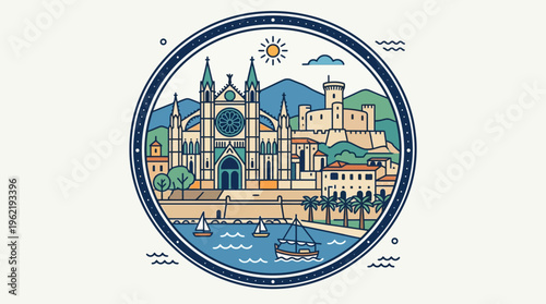 Stylized Line Art of Palma de Mallorca Cathedral and Coastal View