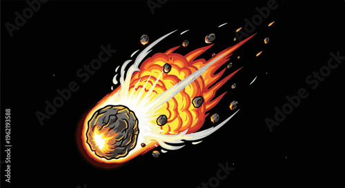 A burning meteor streaks across a dark sky with debris