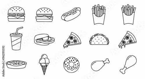 A collection of classic fast food item icons in black and white