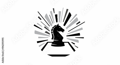 A black knight chess piece emerges from a pedestal with radiating lines