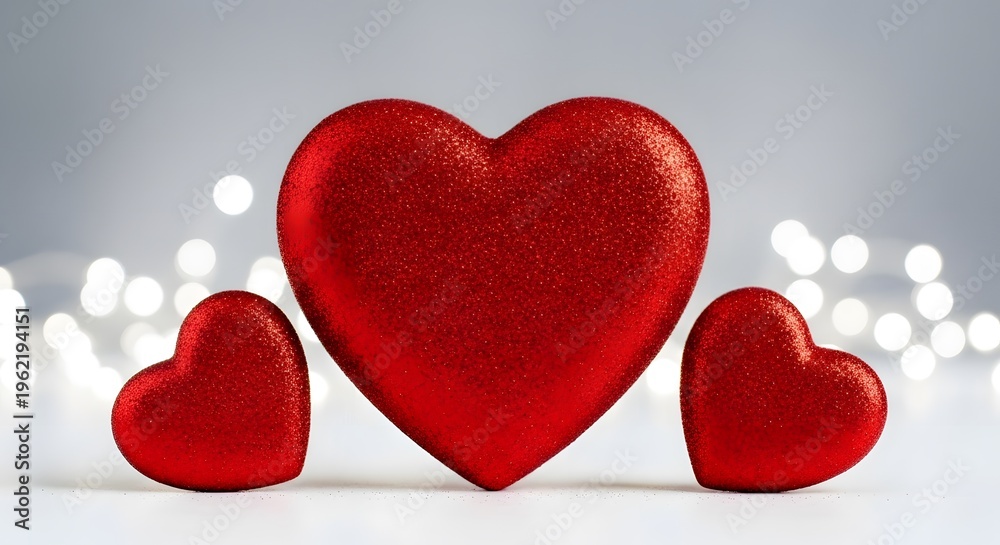 Fototapeta premium Three red hearts on a sparkling background