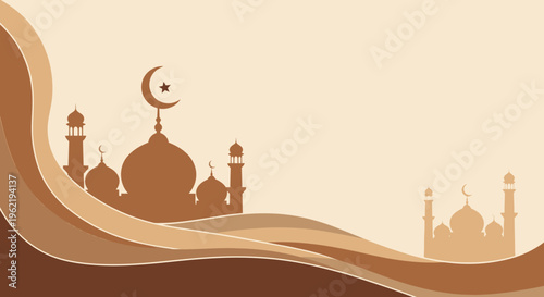 Beautiful Islamic Mosque Silhouette with Crescent Moon on a Brown Wavy Background