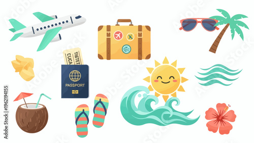 Vibrant Summer Travel Essentials Icons Collection. Flat Vector Elements for Holiday Planning, Tropical Getaways, and Adventures