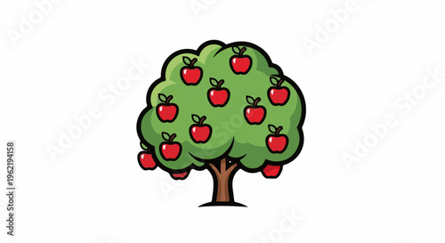 A cartoon apple tree with red fruit and a green leafy canopy, set against a white background