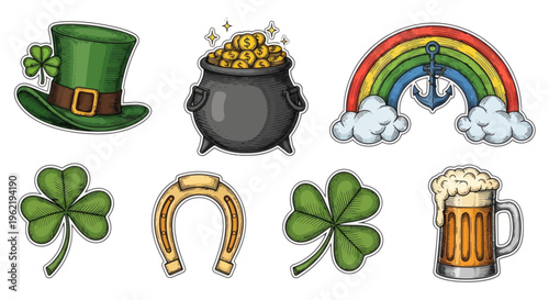 Saint Patrick's Day Icons Lucky Charms, Pot of Gold, Beer, and Rainbow