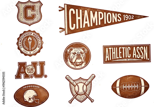 Vintage Collegiate Athletic Emblem Set for Retro Sports Branding, Team Merchandise, and University Identity Design Applications