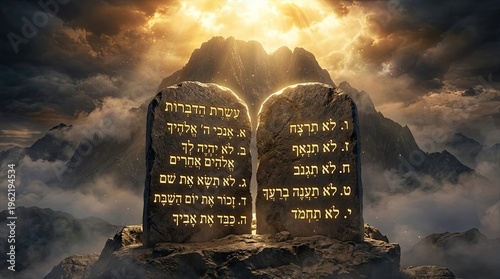 Ancient stone tablets inscribed with hebrew text representing the ten commandments dramatically illuminated by divine golden sunlight breaking through stormy clouds atop a rugged mountain peak