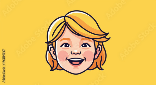 A cartoon of a smiling child with blonde hair against a yellow background