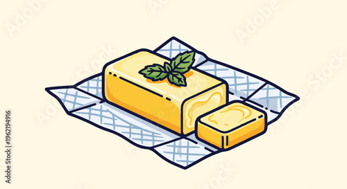 A close-up illustration of a block of butter and a smaller piece on paper