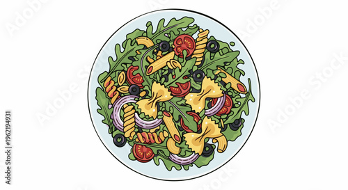 A close-up, top-down illustration of a colorful pasta salad on a plate