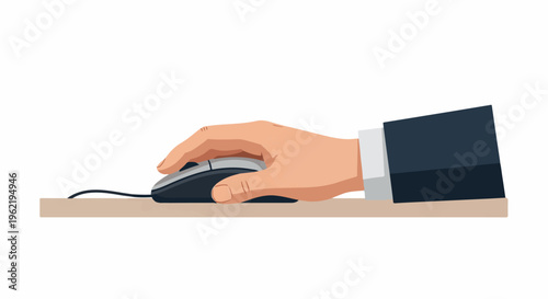 A close-up view of a hand wearing a suit sleeve, operating a computer mouse