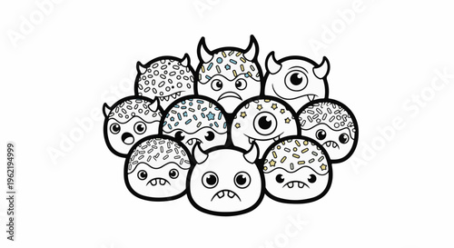 A cluster of cartoonish, round monsters with various expressions and sprinkles