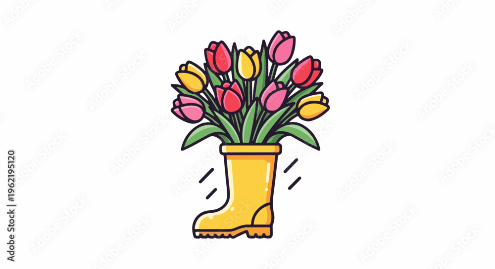Obraz premium A bouquet of colorful tulips fills a yellow rain boot