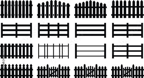 Fence silhouette vector illustration, sixteen designs including picket, rail, and decorative gate styles for garden, yard, and property boundaries - flat vector illustration