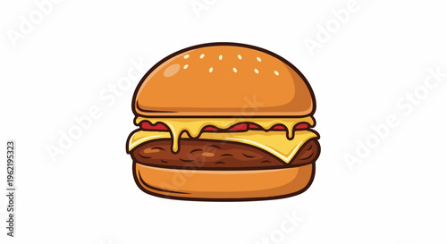 A cartoon-style cheeseburger with melted cheese, tomato, and a meat patty