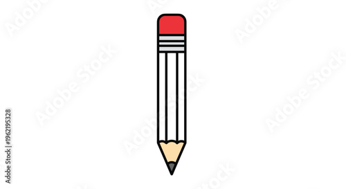 Simple flat vector illustration of a yellow wooden pencil with a red eraser isolated on a white background for school, office, or creative concepts.