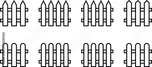 Fence silhouettes, garden icons, decorative barrier shapes, outdoor architecture, wooden fence design elements, black vector fences, security boundary art, flat vector illustration