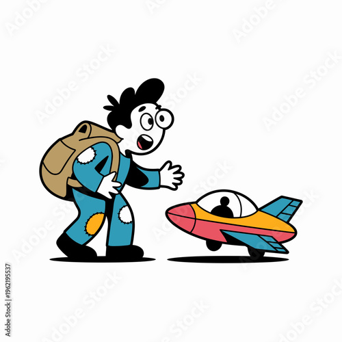 Surprised Traveler with Backpack Looking at Small Colorful Airplane