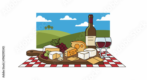 A charcuterie board with wine and grapes sits on a checkered tablecloth