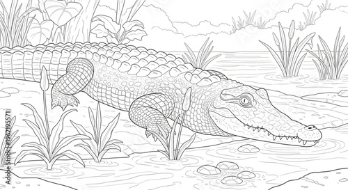Foto Crocodile resting near swamp with plants and water details , coloring page outli