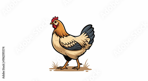 A cartoon chicken stands on patchy grass, its feathers rendered in warm tones