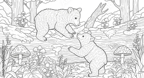 Two playful bear cubs climbing a fallen tree log in a forest clearing, mushrooms and plants around, highly detailed outline illustration, coloring book style