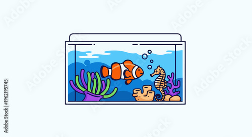 A cartoon fish tank with orange clownfish and seahorse among coral