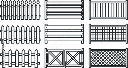 Fence silhouettes, garden icons, decorative barrier shapes, outdoor architecture, wooden fence design elements, property boundary art, security fences, flat vector illustration