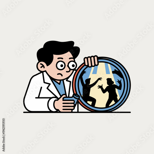 Concerned Scientist Looking at Silhouettes in Magnifying Glass