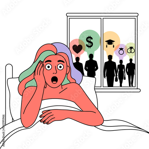 Stressed Woman Lying in Bed with Worried Expression Looking at Relationship and Financial Thoughts Outside Window