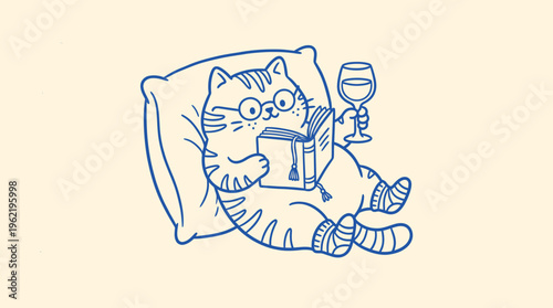 Relaxed cat enjoying reading time in cozy home environment representing leisure lifestyle and stress relief through quiet moments and personal relaxation routine